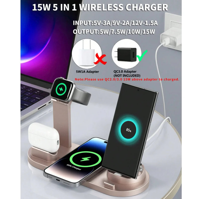 Carregador Wireless 5 em 1 para iPhone 15 14 13 12 11 X Apple Watch Airpods