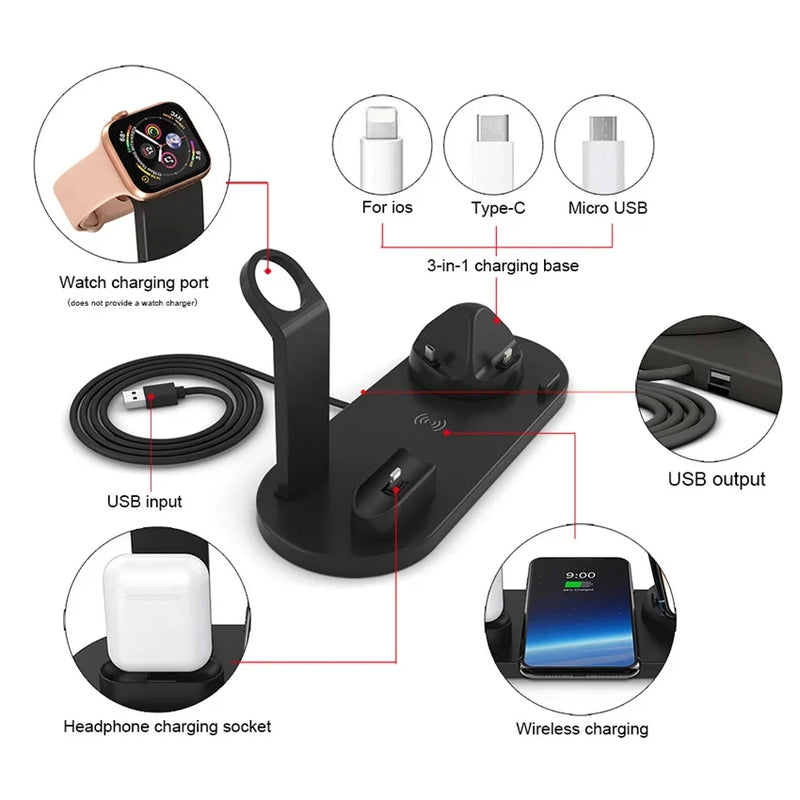 Carregador Wireless 5 em 1 para iPhone 15 14 13 12 11 X Apple Watch Airpods